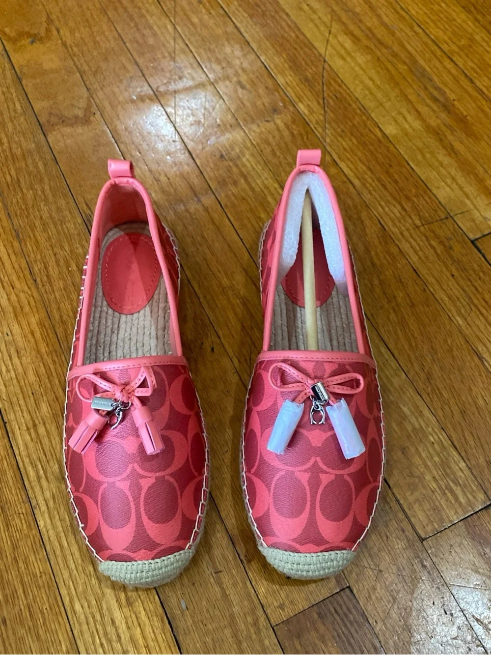 Coach Carson Espadrilles in a bright coral pink signature jacquard fabric Size